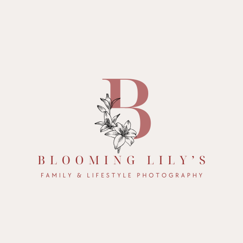 Blooming Lily’s Photography logo featuring an elegant script font paired with a modern serif, accented by a delicate floral graphic, reflecting warmth, professionalism, and creativity.