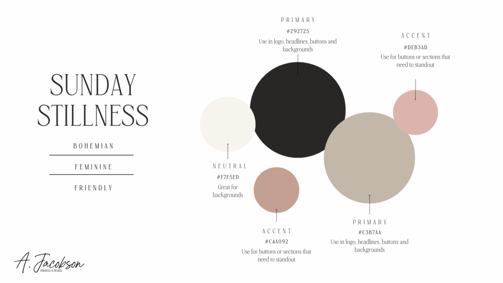 Neutral brand color palette featuring warm taupe, cream, dusty rose, and charcoal grey—ideal for calm, minimal, high-end brands.