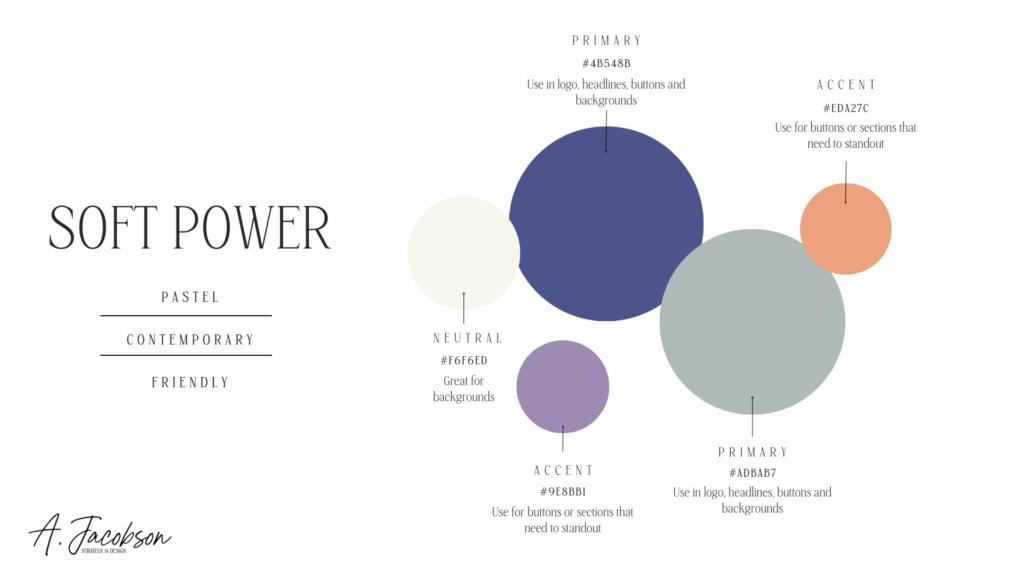 Muted pastel color palette with lavender, sage, soft peach, eggshell, and deep navy—perfect for approachable, polished brand aesthetics.