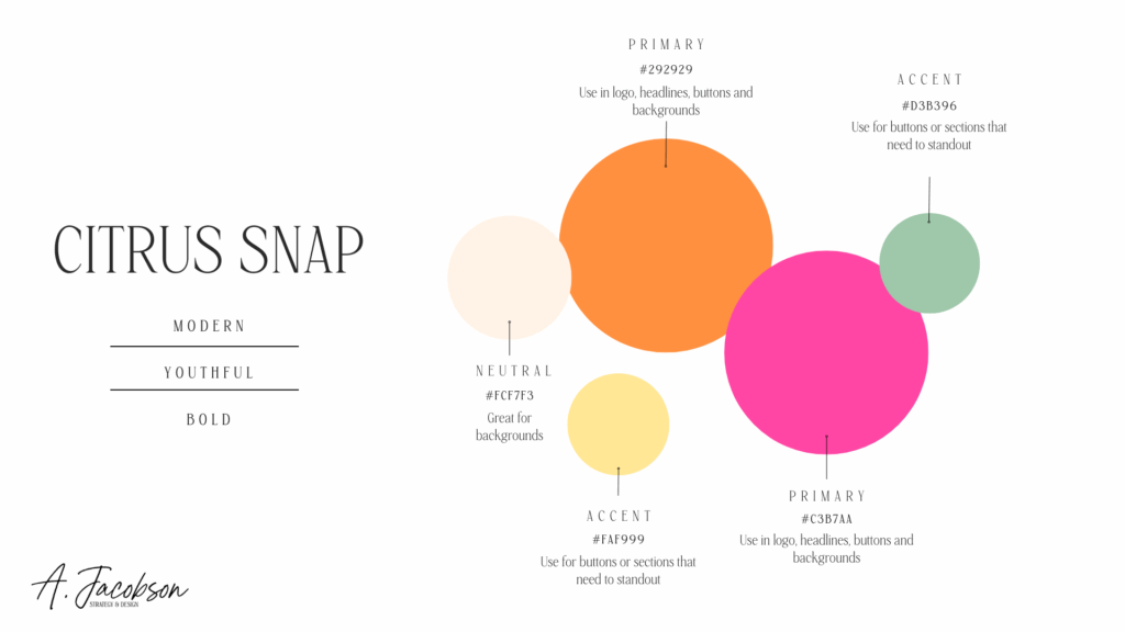 Bright and vibrant brand color palette with tangerine, hot pink, lemon yellow, mint, and white—created for energetic, joyful brands.
